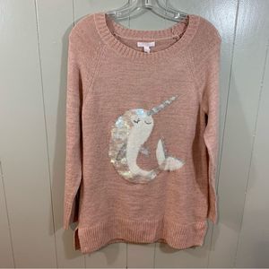 LC Lauren Conrad Pink Narwal Sequin Long Sleeve Crew Soft Tunic Sweater S NEW